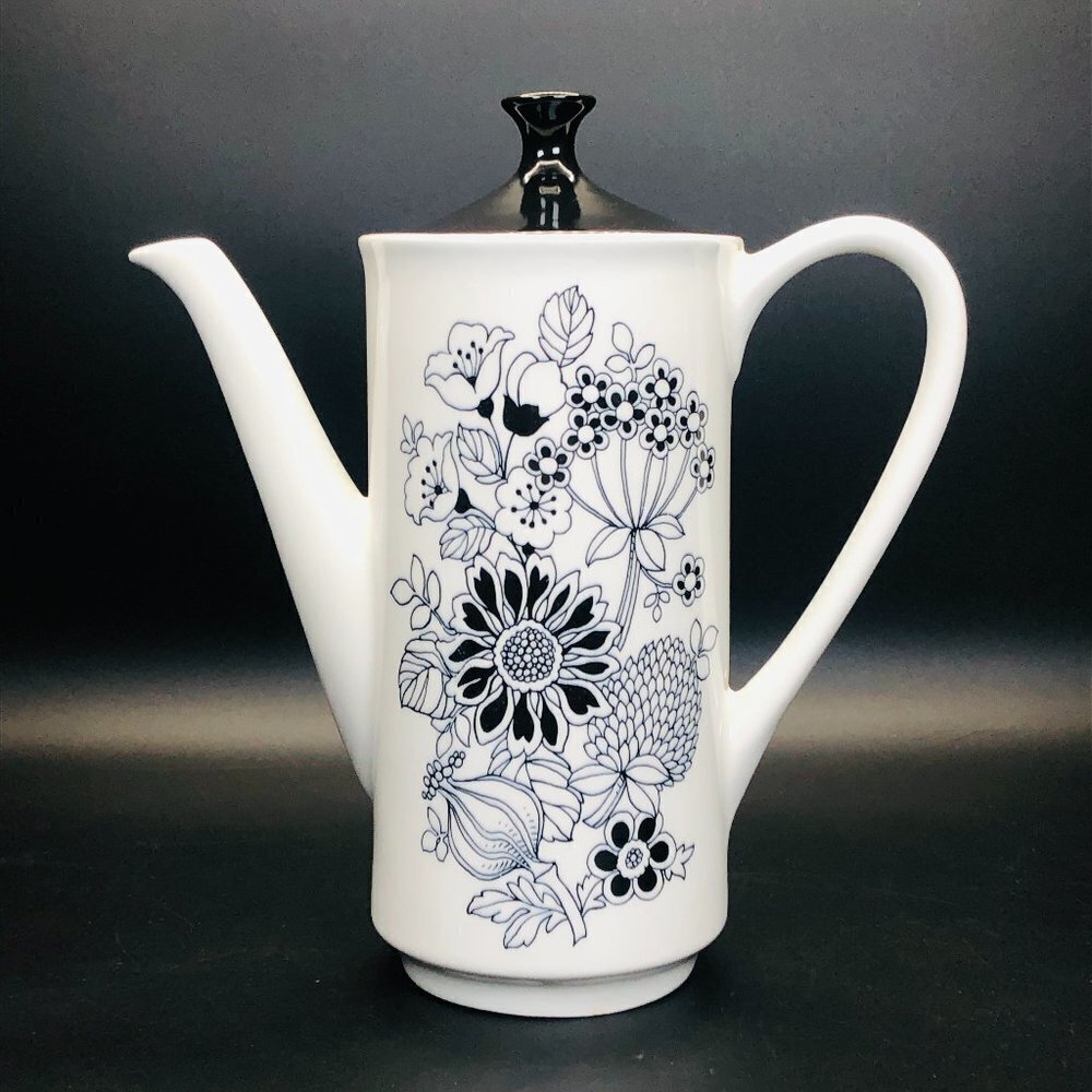 60s Grindley MANITOU Mod Black White Coffee Chocolate Pot Flower Power Ironstone